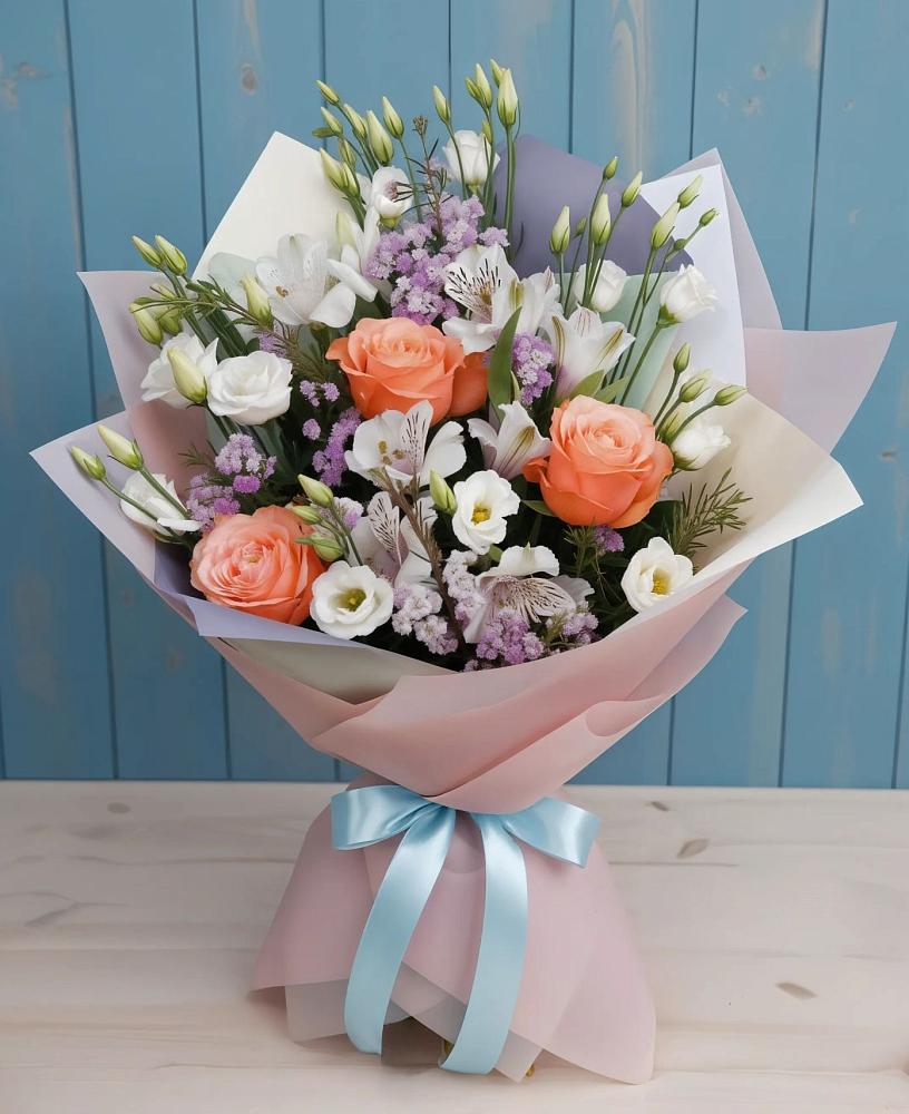 Букет цветов из: Лизиантусы, Розы, Альстромерии и Гипсофила в Султан-Янги-Юрте
