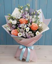 Букет цветов из:  Лизиантусы, Розы, Альстромерии и Гипсофила в Султан-Янги-Юрте